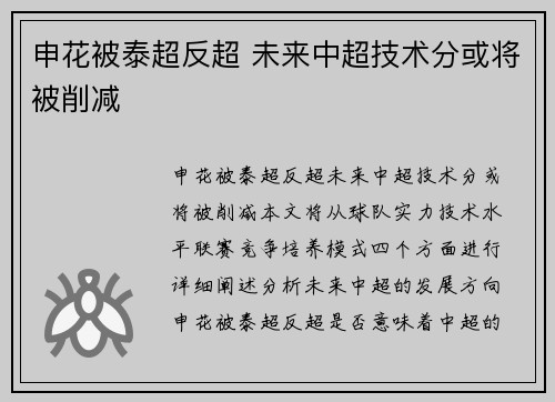申花被泰超反超 未来中超技术分或将被削减